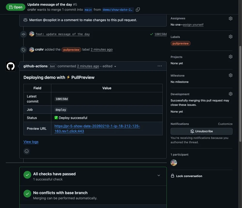 PullPreview preview environment ready state shown with URL from PR comment